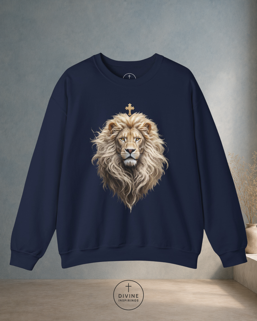 Navy blue sweatshirt with a lion graphic on a gray background