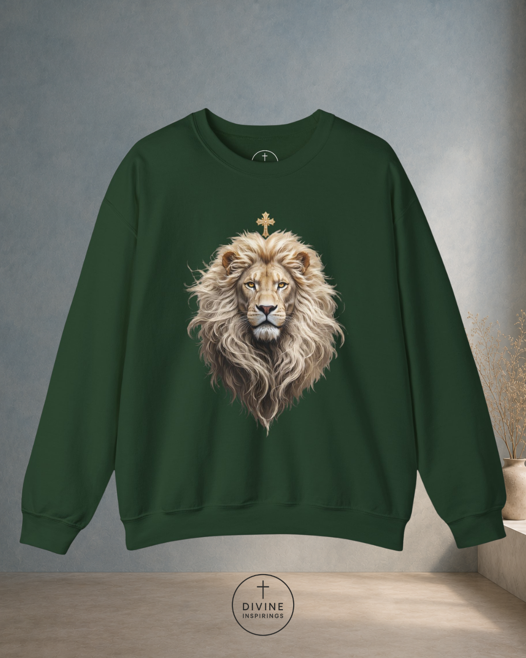Green sweatshirt with a lion design on a gray background