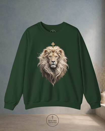 Green sweatshirt with a lion design on a gray background