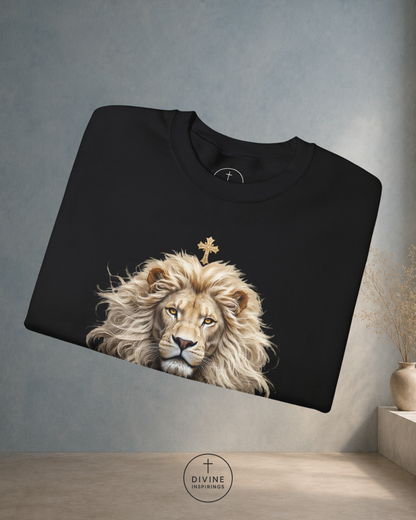 Black sweatshirt with a lion graphic and 'Divine Inspiration' logo on a gray background
