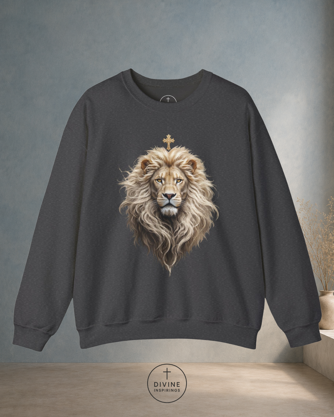 Dark gray sweatshirt with a lion graphic on a neutral background