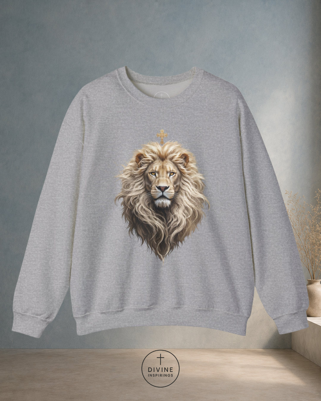 Gray sweatshirt with a lion graphic on a neutral background