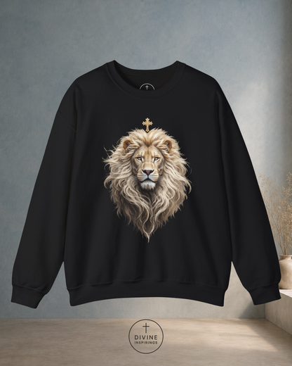 Black sweatshirt with a lion graphic on a gray background