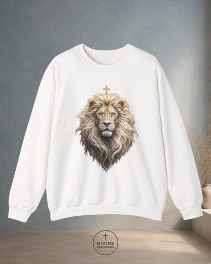 White sweatshirt with a lion design on a gray background
