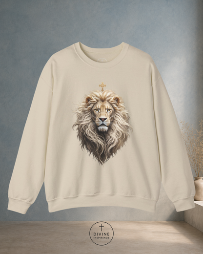 Beige sweatshirt with a lion design on a gray background