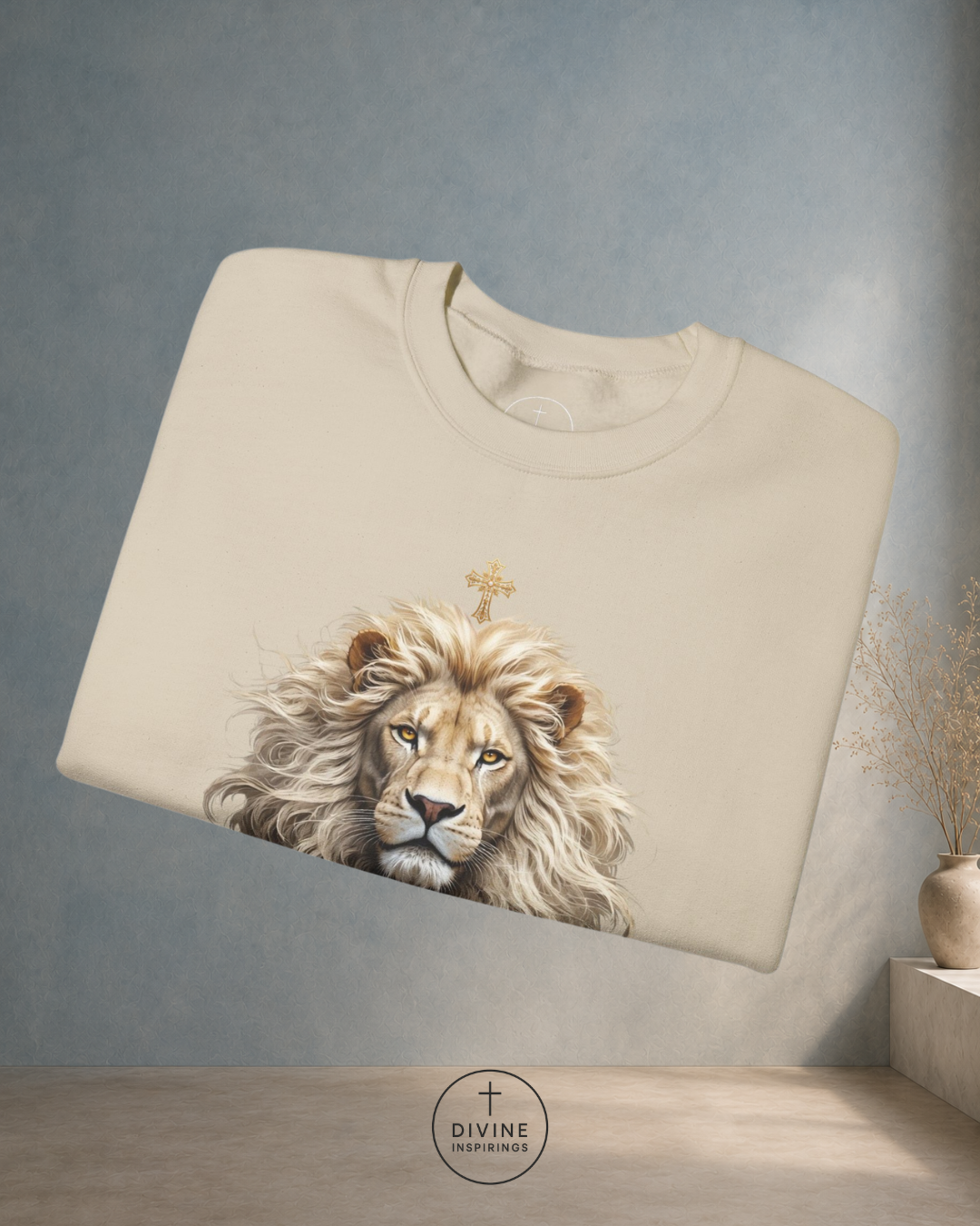 Beige sweatshirt with a lion design on a gray background