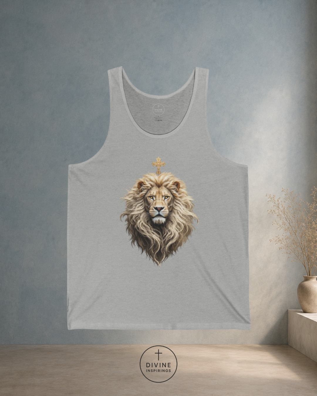 Gray tank top with a lion design on a gray background