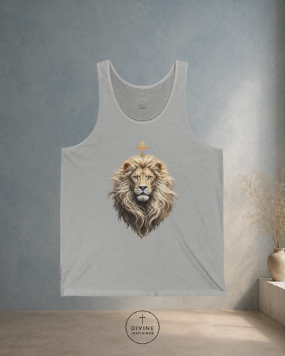 Gray tank top with a lion design on a gray background