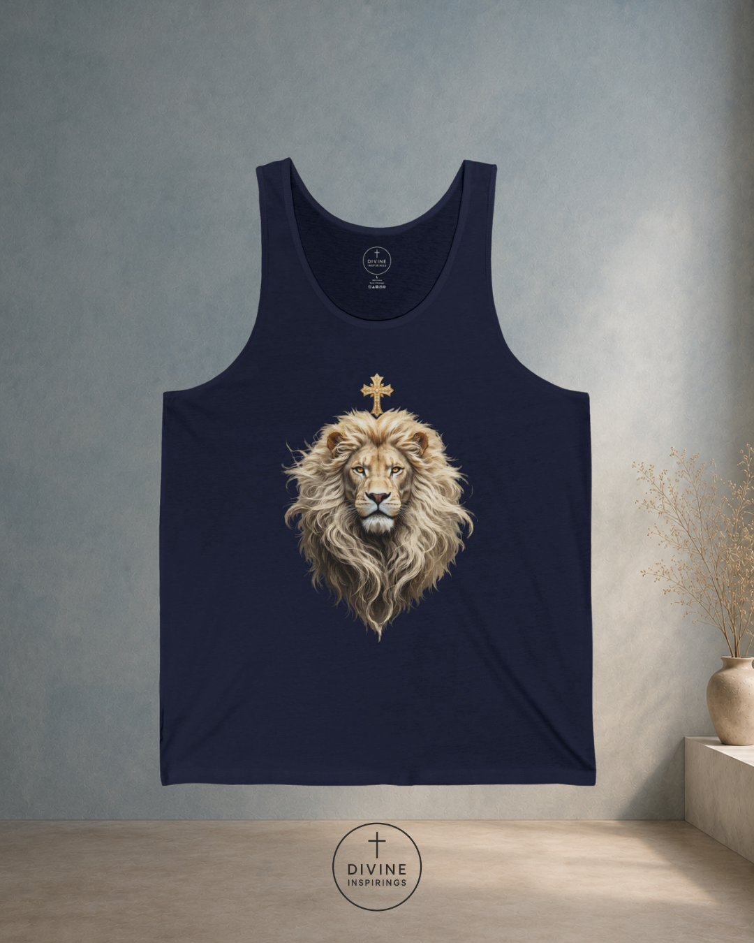Navy tank top with a lion design on a gray wall background