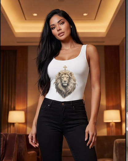 Woman wearing a white tank top with a lion design in an indoor setting.