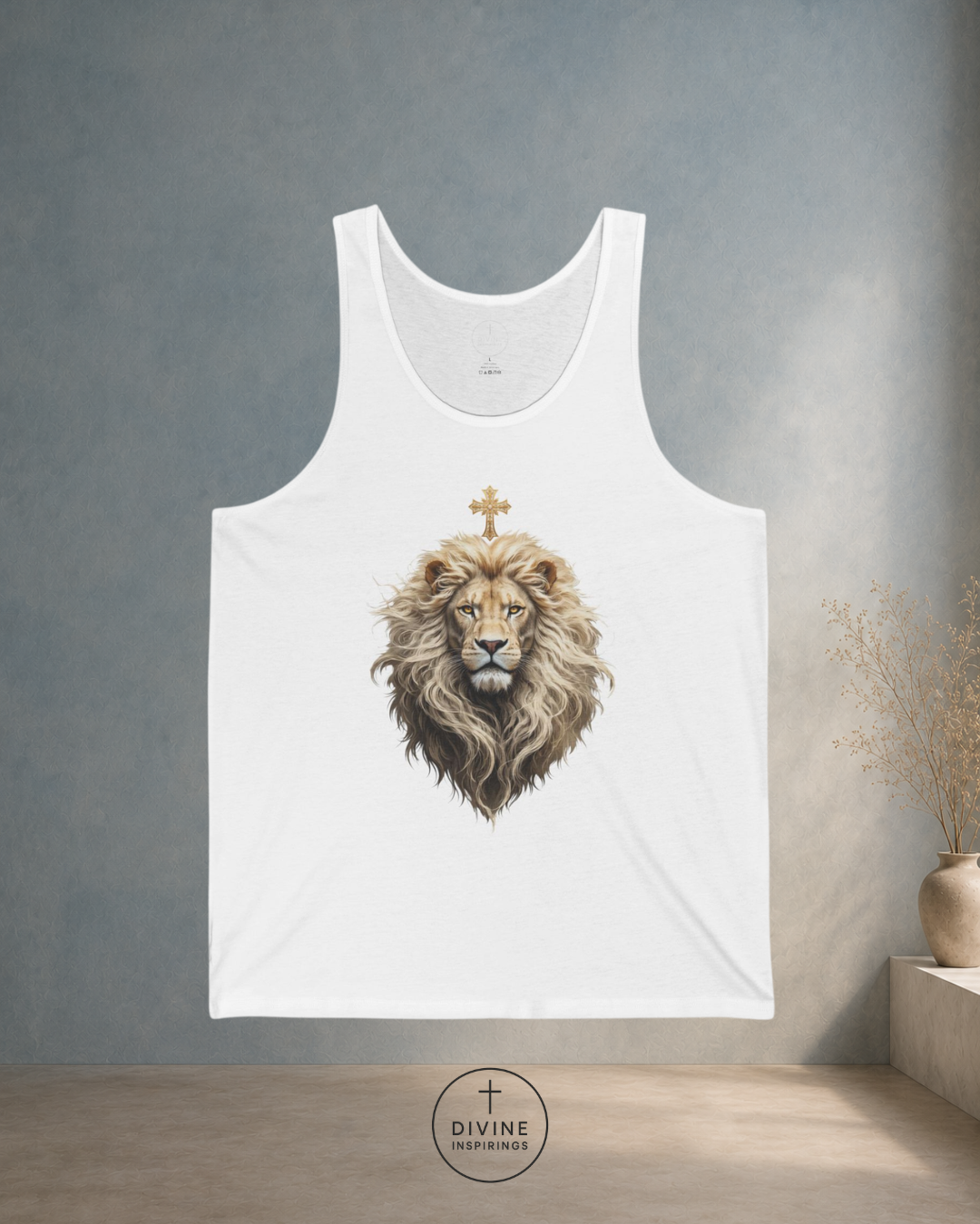 White tank top with a lion design on a gray wall background