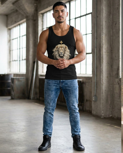 Man wearing a black tank top with a lion graphic and blue jeans in an industrial setting