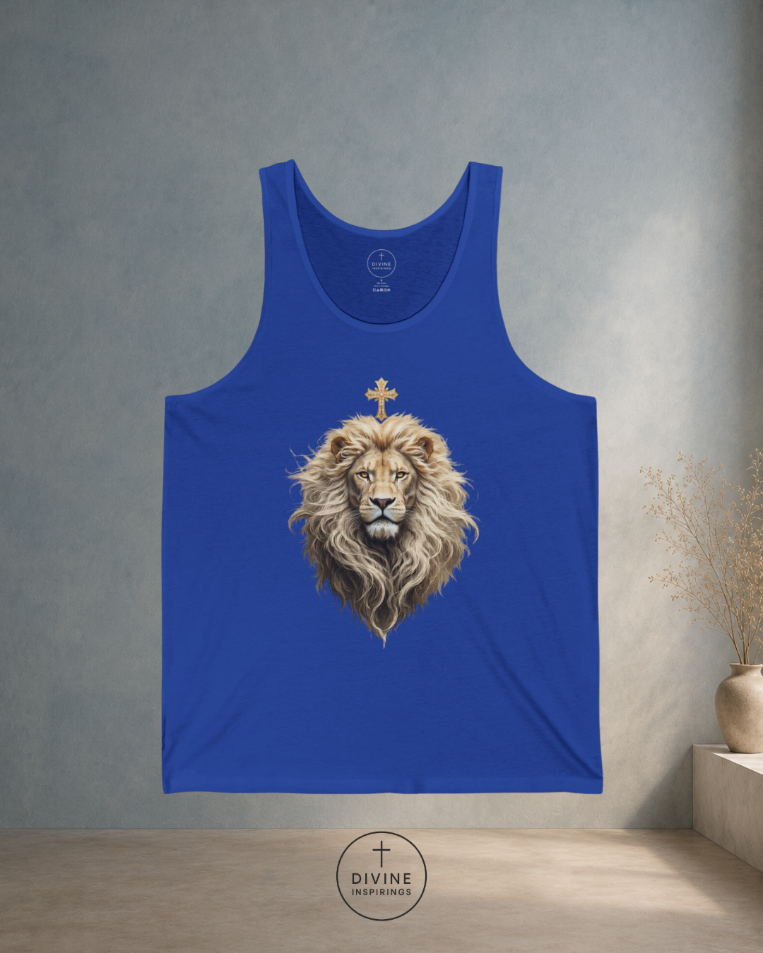 Blue tank top with a lion design on a gray wall background