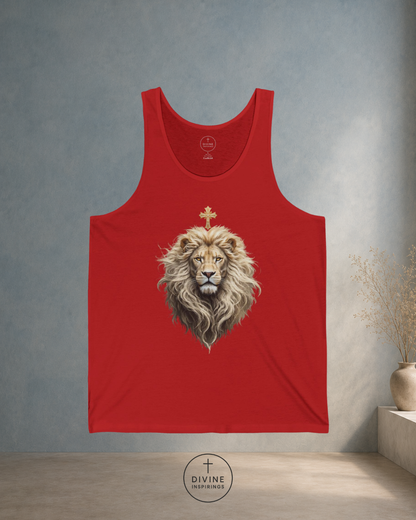 Red tank top with a lion and cross design on a gray wall background