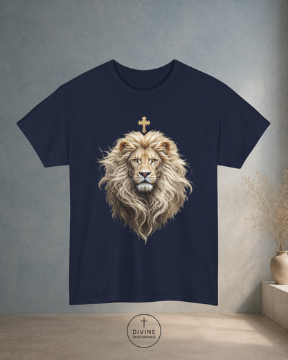 Black t-shirt with a lion graphic and cross on a gray background