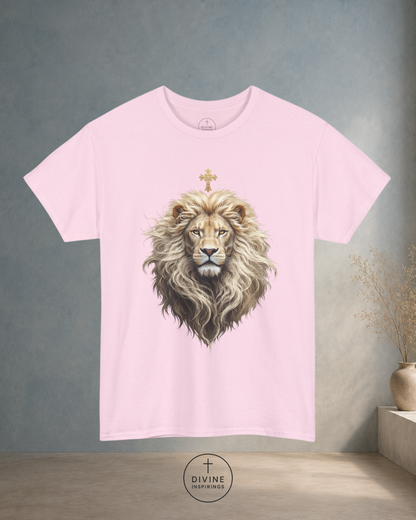 Pink t-shirt with a lion graphic on a gray background