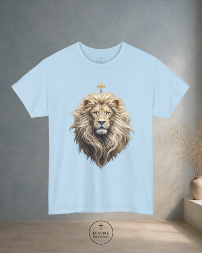Light blue t-shirt with a lion graphic on a neutral background