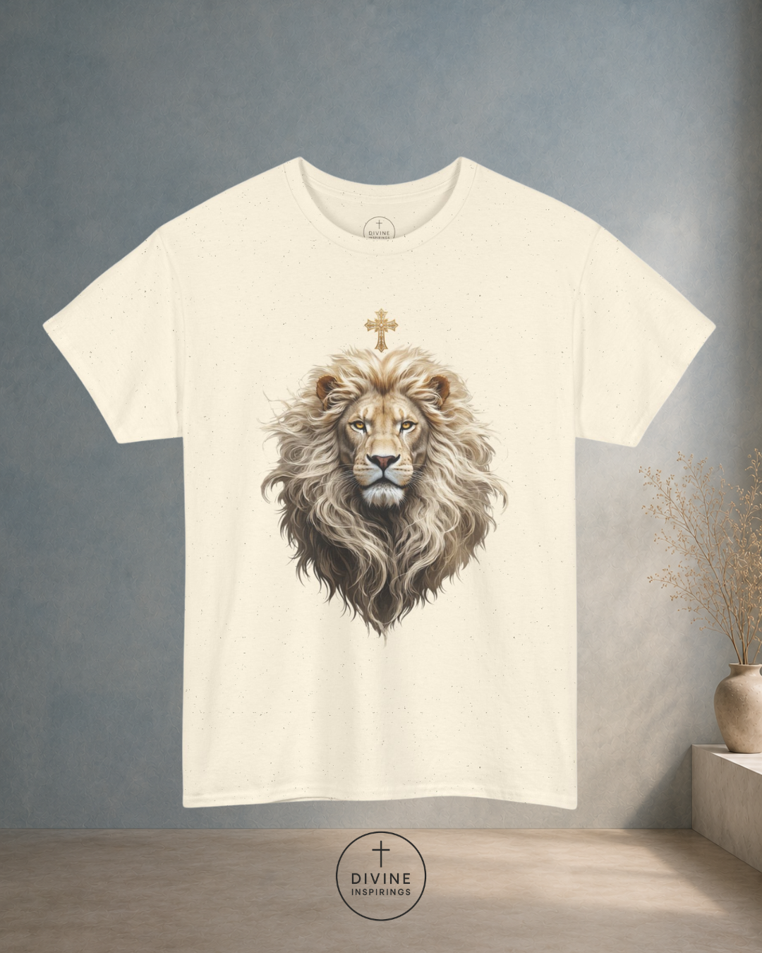 Beige t-shirt with a lion graphic design on a gray background