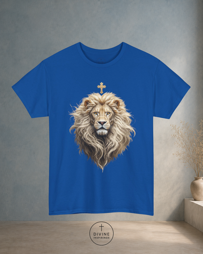 Blue t-shirt with a lion graphic and cross on a gray wall background