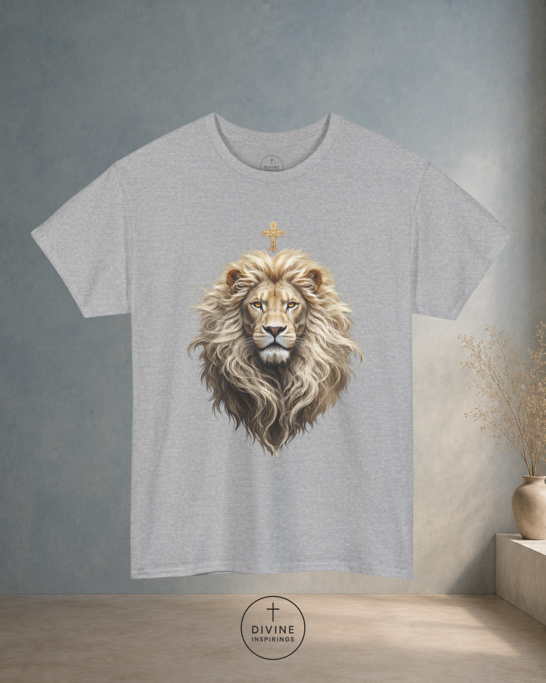 Gray t-shirt with a lion graphic design on a plain background