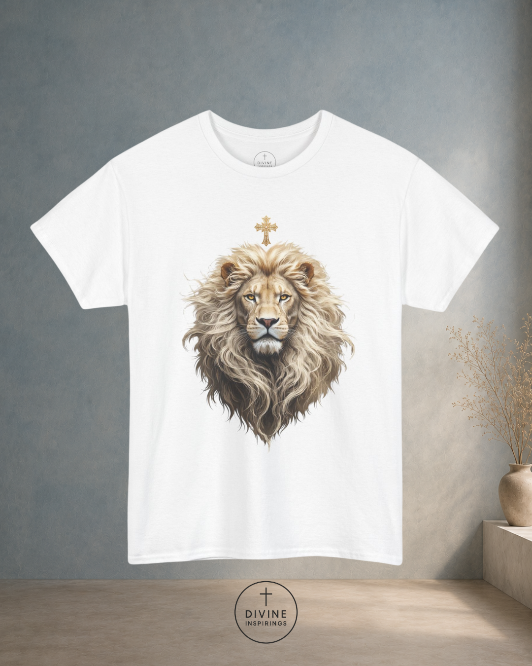 White t-shirt with a lion graphic and cross on a gray background
