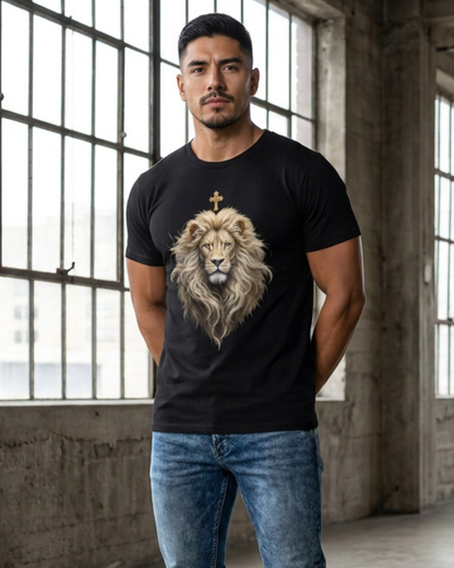 Man wearing a black t-shirt with a lion graphic in an industrial setting