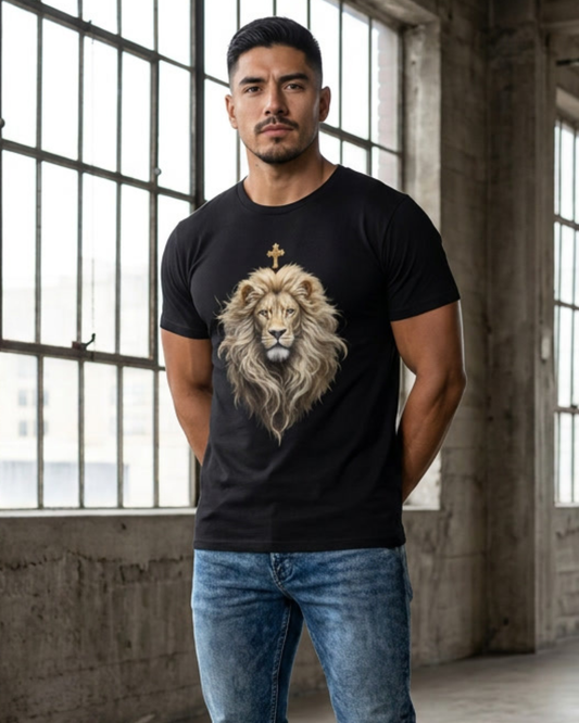 Man wearing a black t-shirt with a lion graphic in an industrial setting