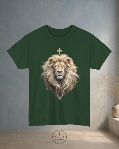 Black t-shirt with a lion graphic and cross on a gray background
