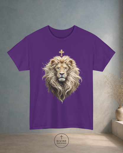 Purple t-shirt with a lion graphic and cross on a gray background