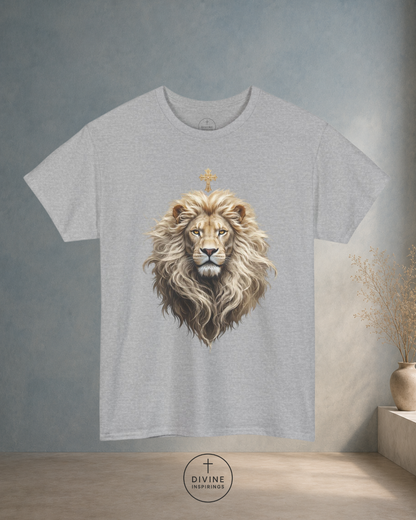 Gray t-shirt with a lion graphic design on a plain background
