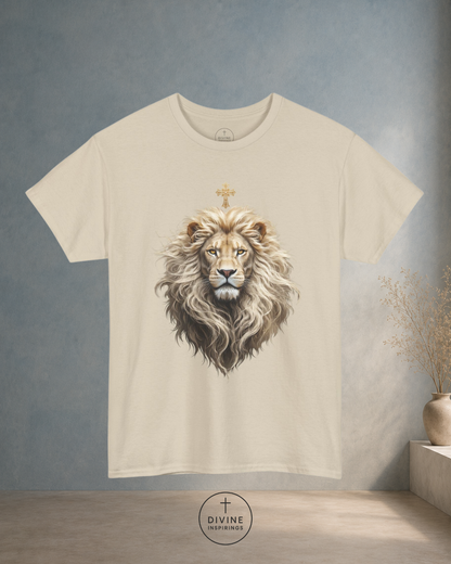 Beige t-shirt with a lion graphic design on a gray background