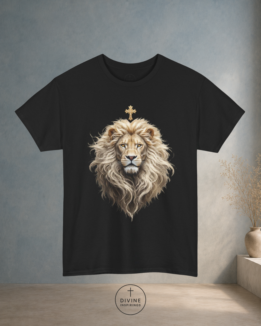 Black t-shirt with a lion graphic and cross on a gray background