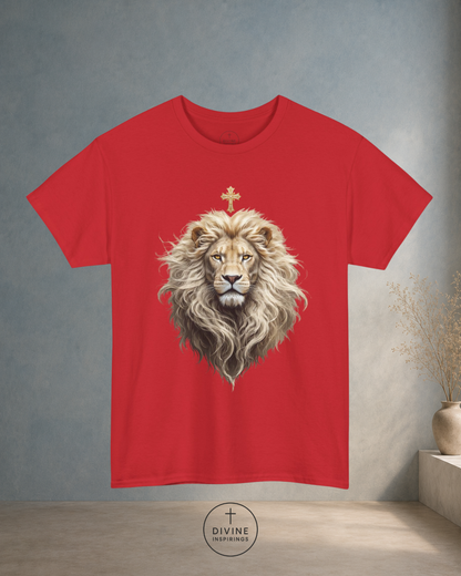 Red t-shirt with a lion graphic and cross on a gray wall background