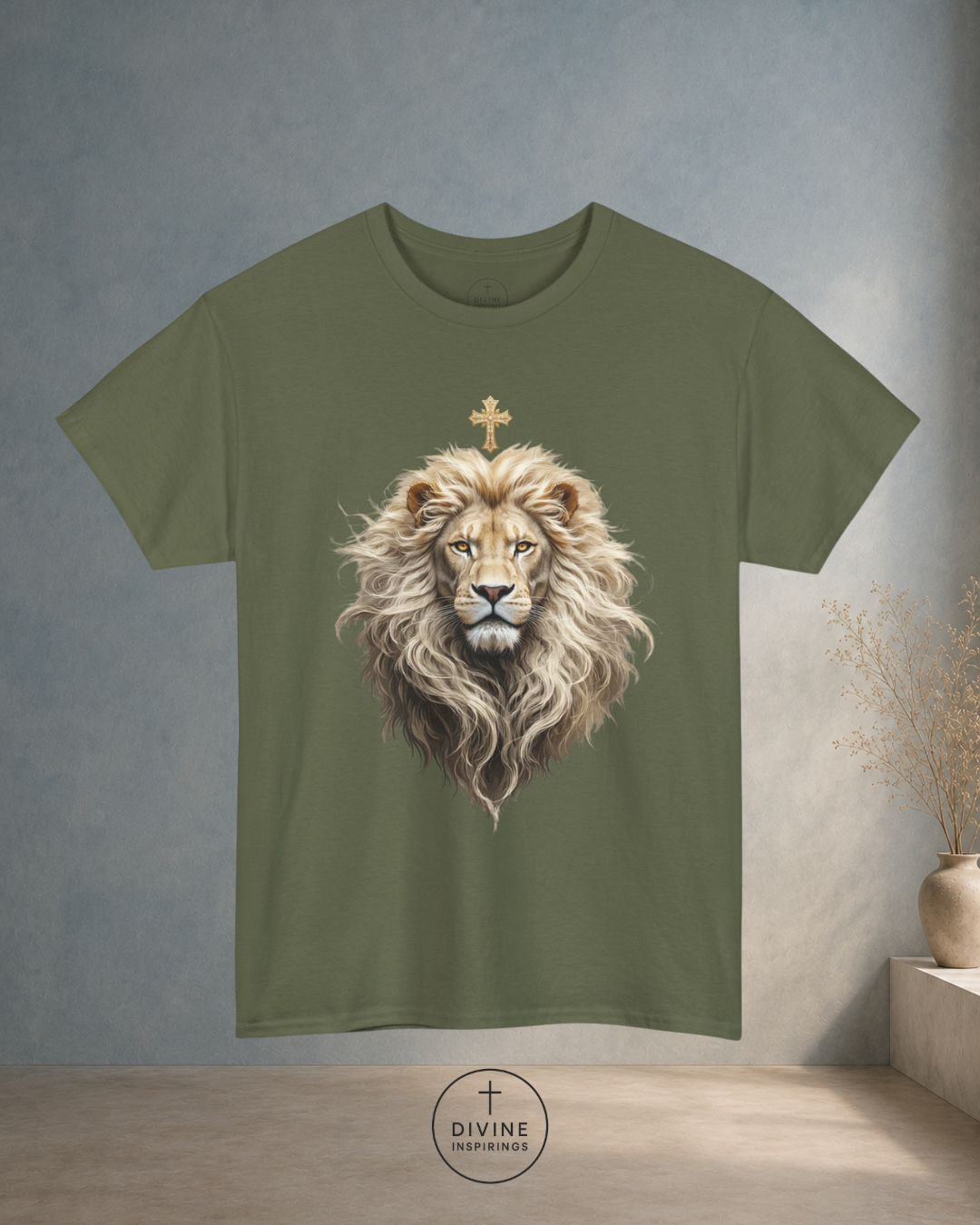 Green t-shirt with a lion graphic and cross on a gray background