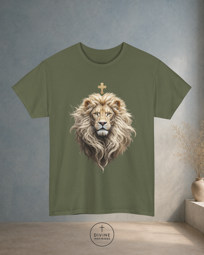 Green t-shirt with a lion graphic and cross on a gray background