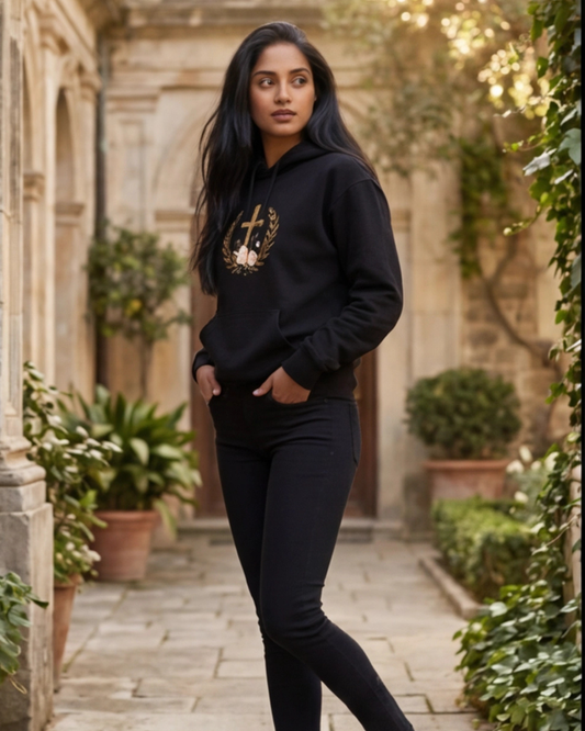 Woman wearing a black hoodie with a logo in an outdoor setting
