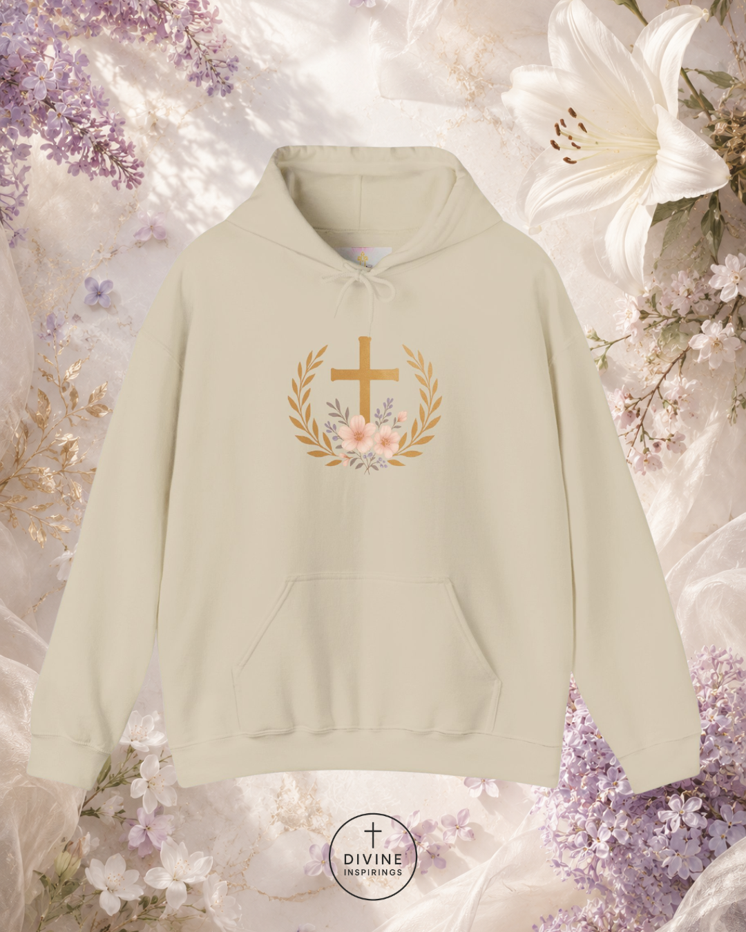 Beige hoodie with floral cross design on a floral background