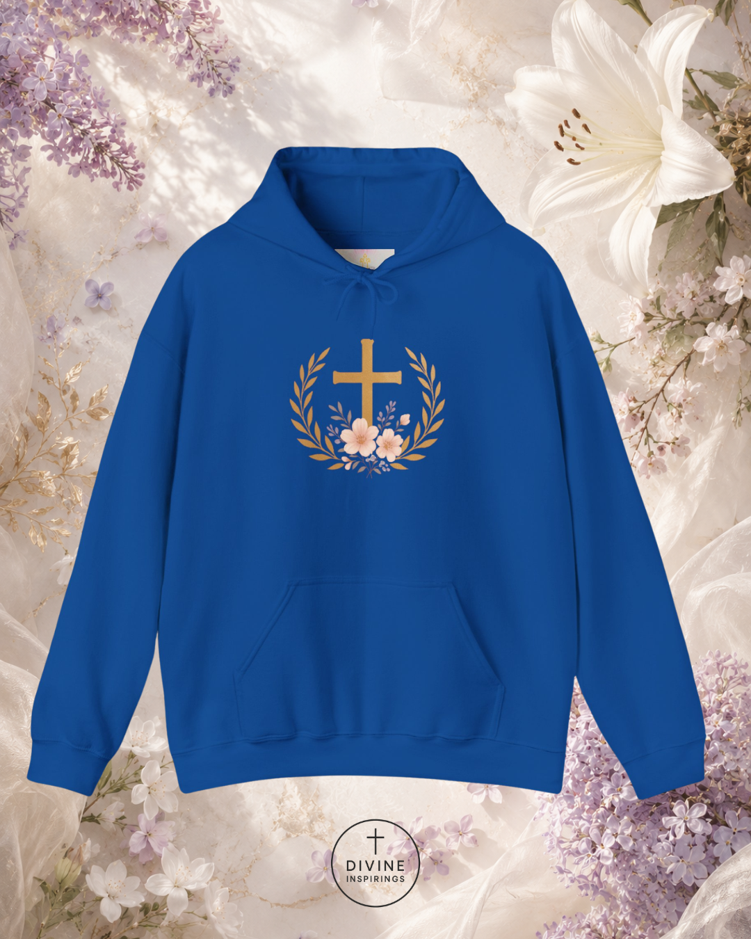 Blue hoodie with a cross and floral design on a floral background