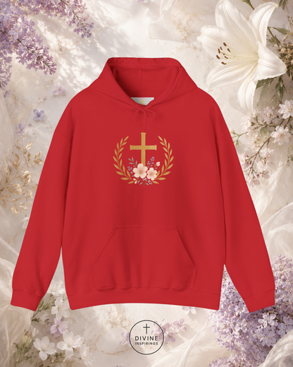 Red hoodie with a floral cross design on a floral background