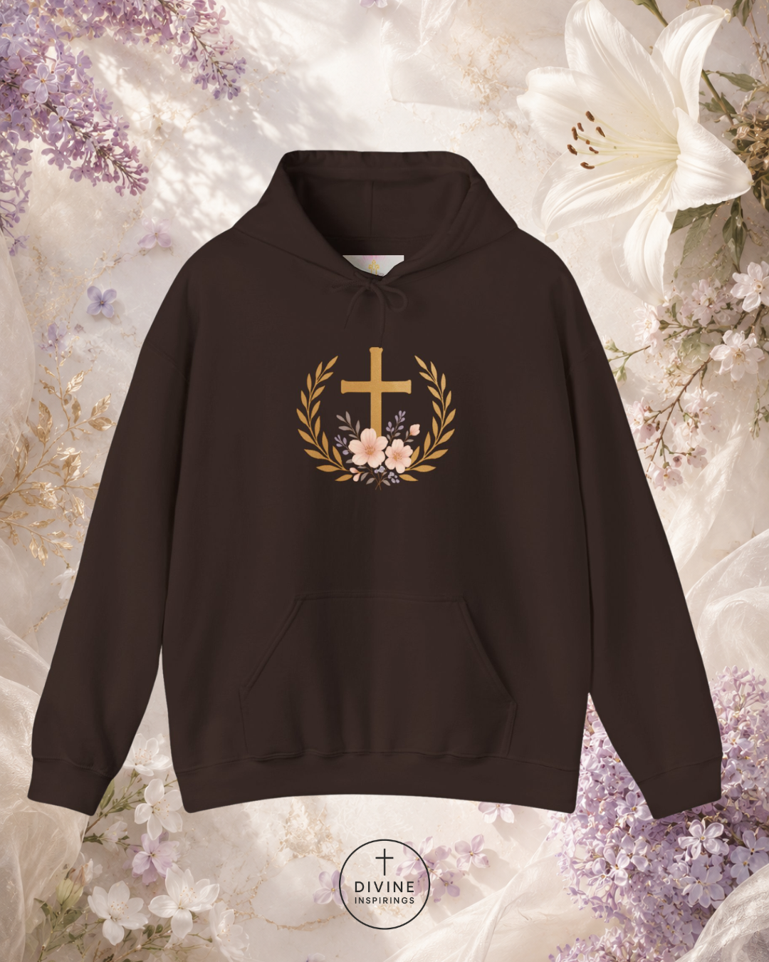 Black hoodie with a gold cross and floral wreath design on a floral background