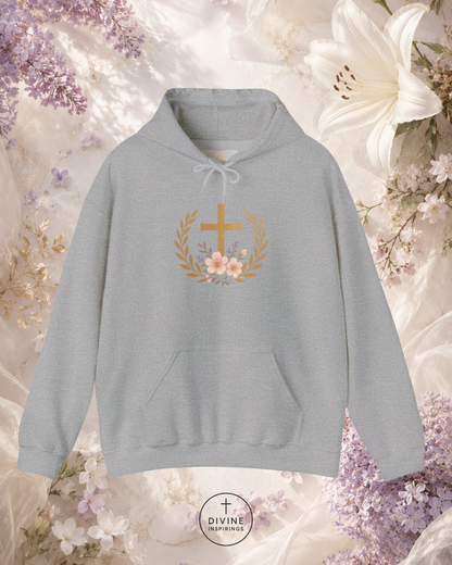Gray hoodie with floral cross design on a floral background