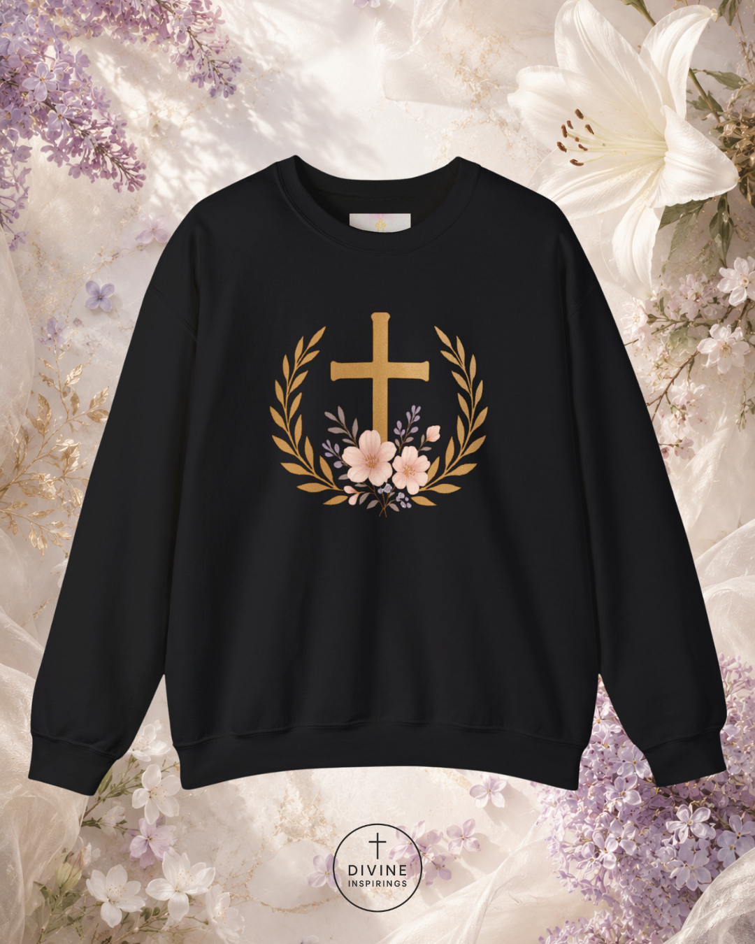 Black sweatshirt with a gold cross and floral wreath design on a floral background