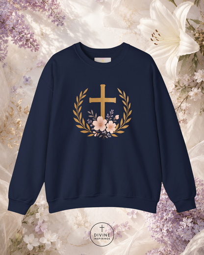 Black sweatshirt with a gold cross and floral wreath design on a floral background