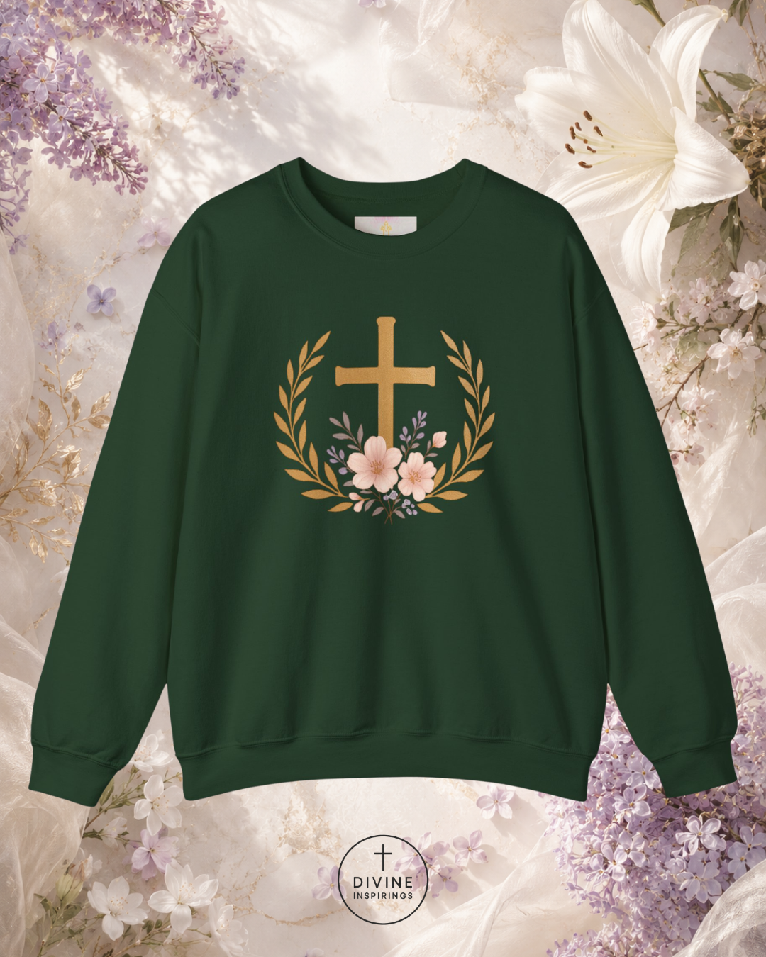 Black sweatshirt with a gold cross and floral wreath design on a floral background