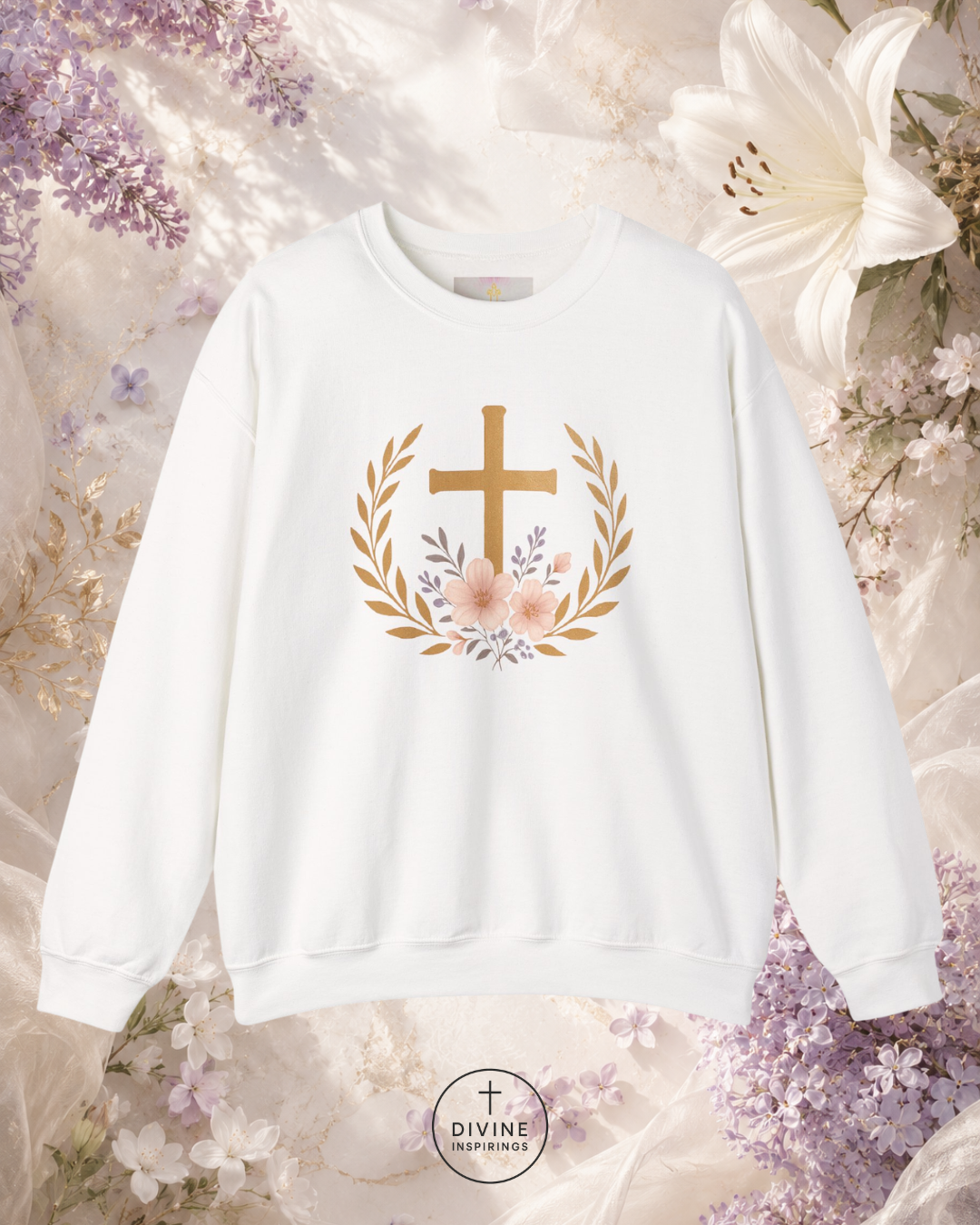 White sweatshirt with a cross and floral design on a floral background