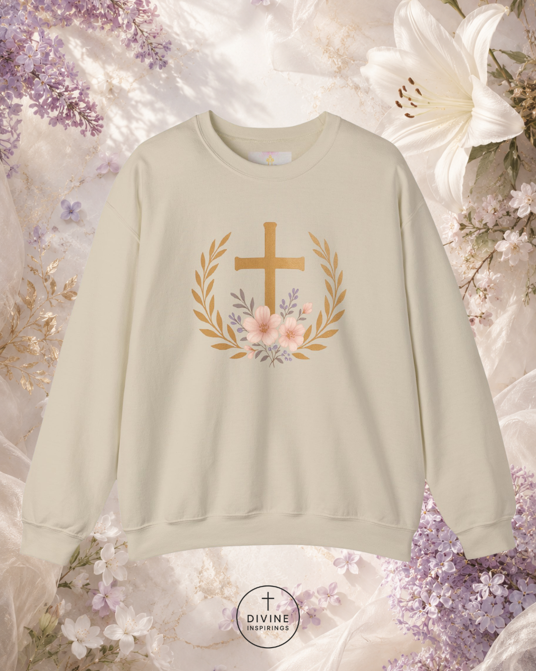 Light green sweatshirt with a cross and floral design on a floral background