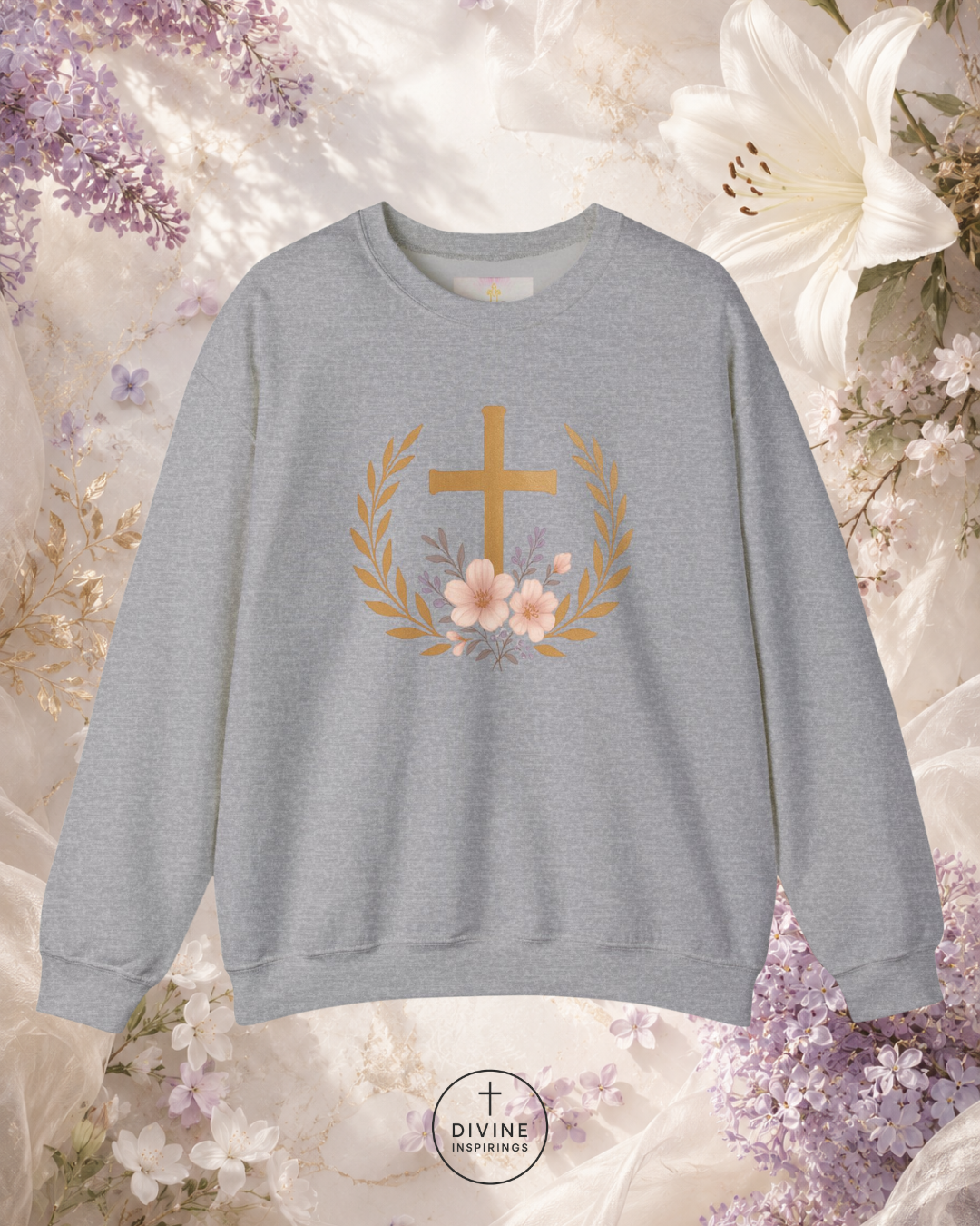 Gray sweatshirt with a gold cross and flowers on a floral background