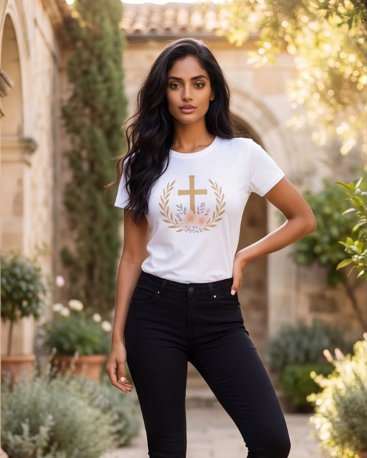 Woman wearing a white t-shirt with a design outdoors