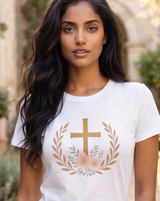 Woman wearing a white t-shirt with a gold cross and floral design outdoors.