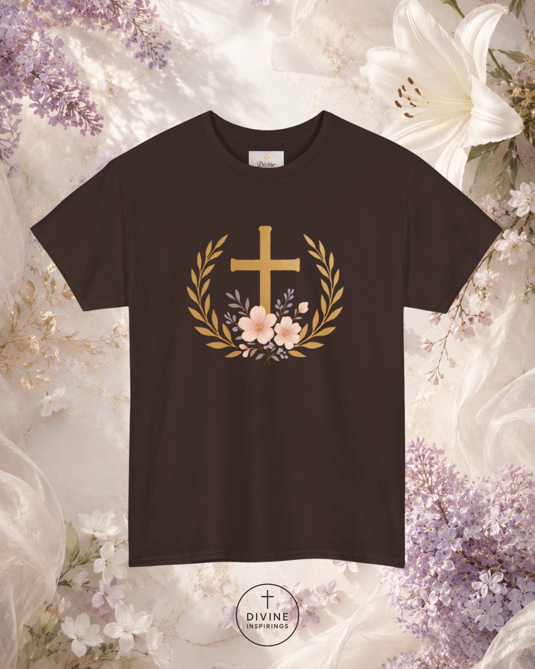 Black t-shirt with a gold cross and floral design on a floral background